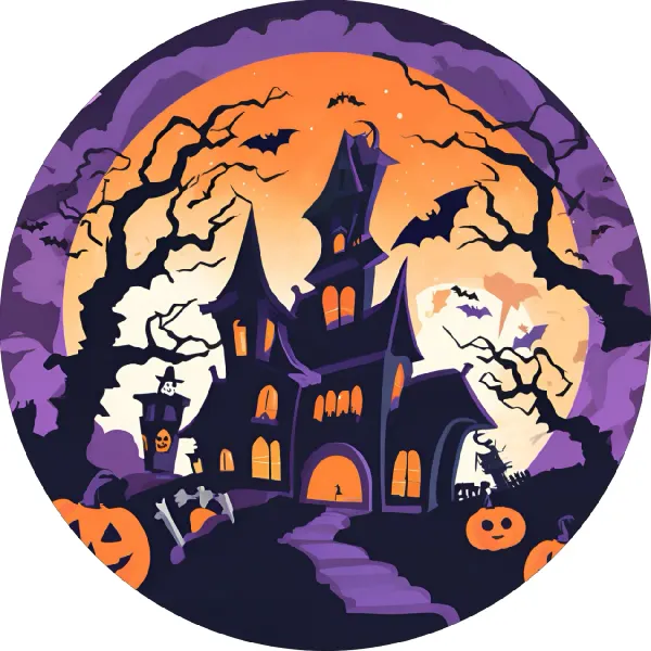 Kulatý jedlý obrázek na dort – Halloween, Gotický dům a obří měsíc (fialová, černá, žlutá)