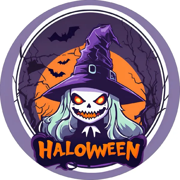 Kulatý jedlý obrázek na dort – Halloween, čarodějnice v klobouku a nápis (fialová, žlutá, černá)