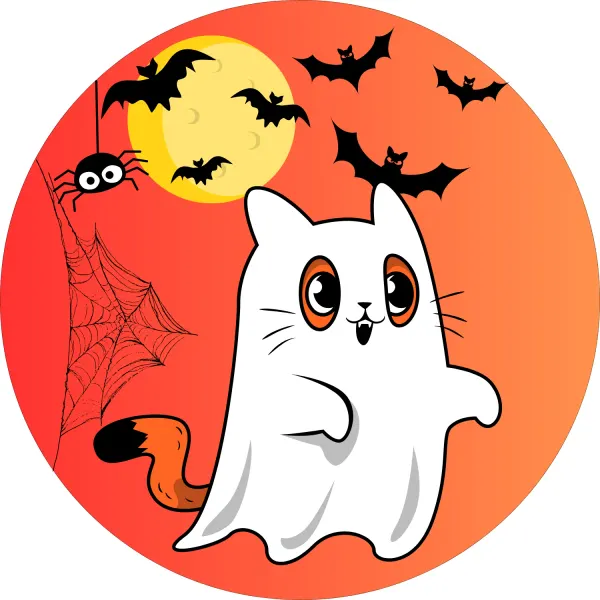 Kulatý jedlý obrázek na dort – Halloween, Bílá kočička jako duch (žlutá, bílá, černá)