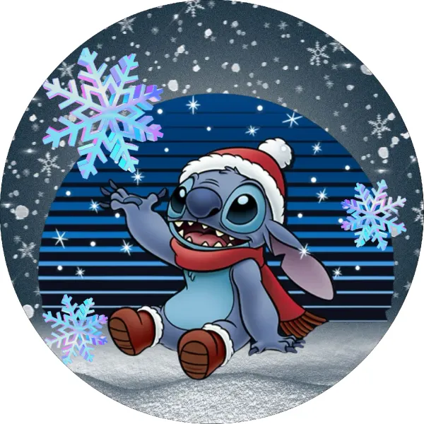 Kulatý jedlý obrázek na dort – Lilo & Stitch, Stitch v šále a botičkách (modrá, bílá, červená)