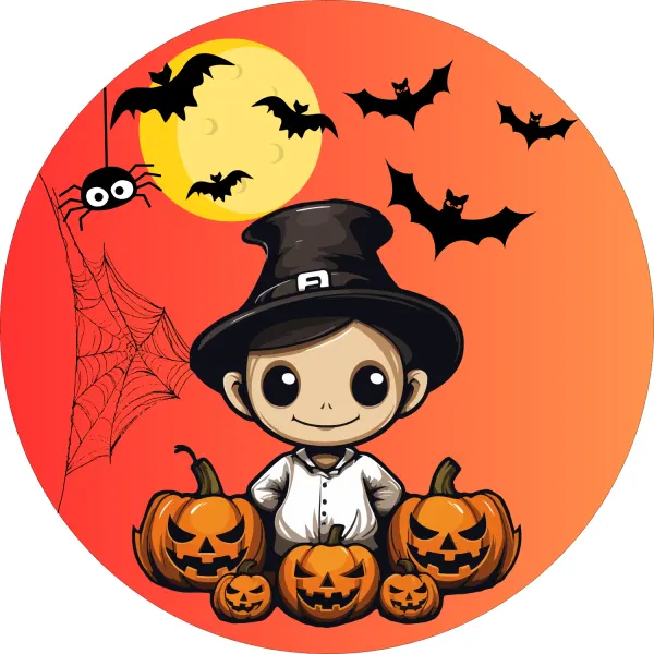Kulatý jedlý obrázek na dort – Halloween, Chlapec v klobouku s dýněmi (červená, černá, žlutá)