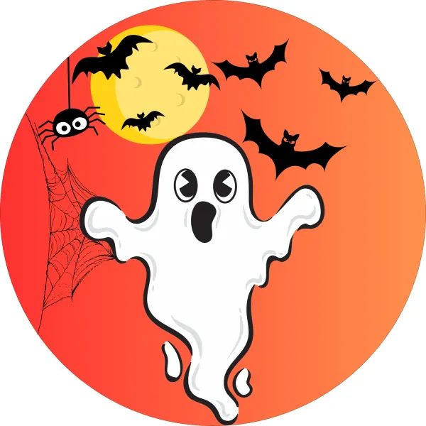 Kulatý jedlý obrázek na dort – Halloween, Překvapený bílý duch (žlutá, černá, bílá)