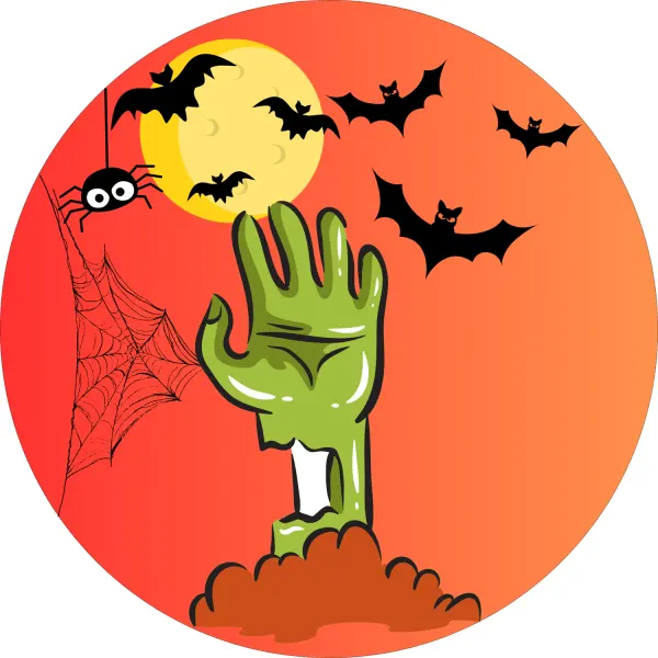 Kulatý jedlý obrázek na dort – Halloween, zelená ruka ze země a pavouk (červená, zelená, černá)