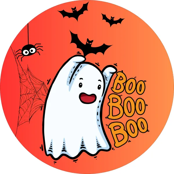 Kulatý jedlý obrázek na dort – Halloween, bílé strašidýlko Boo Boo Boo (žlutá, bílá, černá)