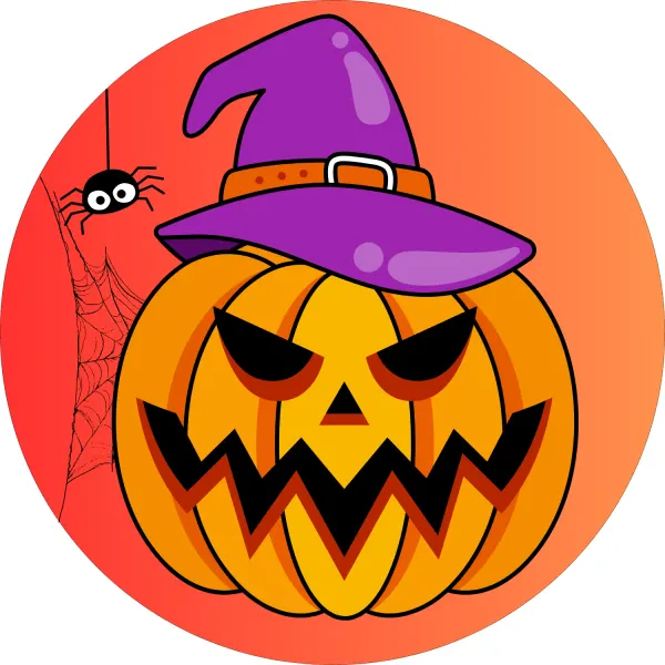 Kulatý jedlý obrázek na dort – Halloween, Dýně ve fialovém klobouku (žlutá, fialová, černá)