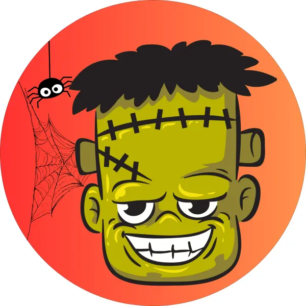 Kulatý jedlý obrázek na dort – Halloween, Hlava zeleného Frankensteina (zelená, červená, černá)