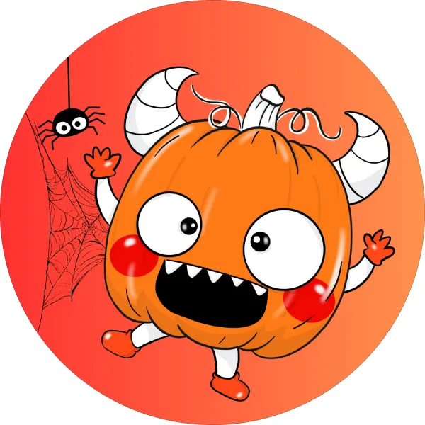 Kulatý jedlý obrázek na dort – Halloween, veselá dýně s růžky a pavouk (červená, černá, bílá)