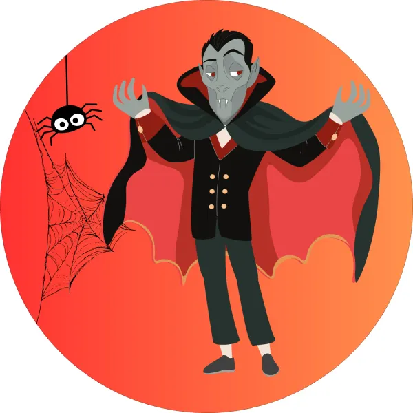 Kulatý jedlý obrázek na dort – Halloween, Usměvavý upír s pláštěm (červená, černá, žlutá)