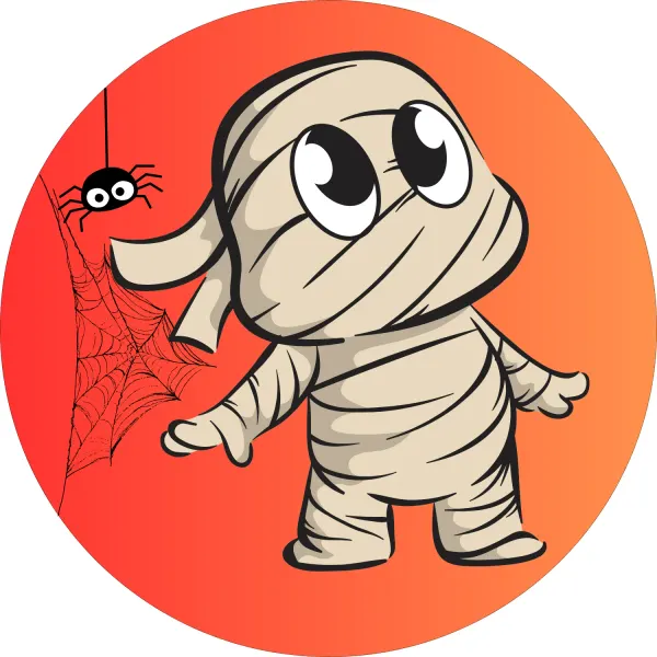 Kulatý jedlý obrázek na dort – Halloween, roztomilá malá mumie (žlutá, černá, bílá)
