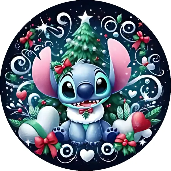 Kulatý jedlý obrázek na dort – Lilo & Stitch, Stitch s mašlí u stromečku (modrá, zelená, červená)
