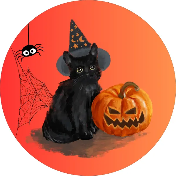 Kulatý jedlý obrázek na dort – Halloween, Černá kočka s kloboukem a dýně (černá, červená, žlutá)