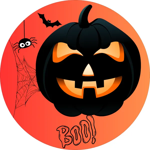 Kulatý jedlý obrázek na dort – Halloween, černá dýně a nápis Boo! (černá, žlutá, červená)