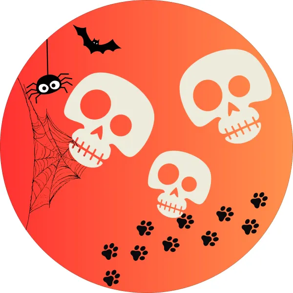 Kulatý jedlý obrázek na dort – Halloween, tři bílé lebky a tlapky (červená, černá, bílá)