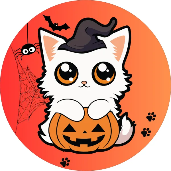 Kulatý jedlý obrázek na dort – Halloween, Bílé kotě u dýně (červená, černá, bílá)