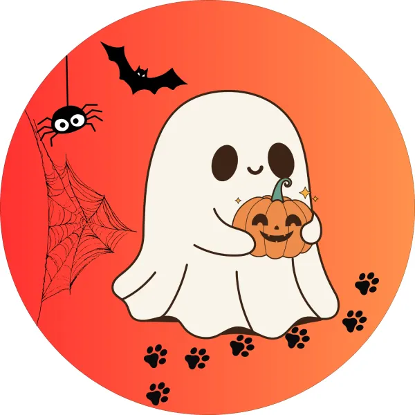 Kulatý jedlý obrázek na dort – Halloween, duch držící dýni (žlutá, bílá, černá)