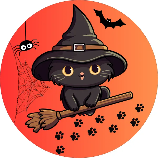 Kulatý jedlý obrázek na dort – Halloween, Černé koťátko na koštěti (žlutá, černá, hnědá)