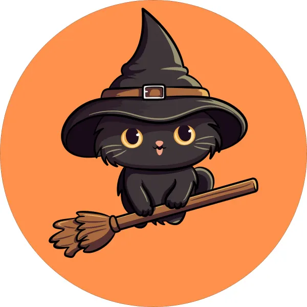 Kulatý jedlý obrázek na dort – Halloween, kočka na koštěti v klobouku (černá, žlutá, hnědá)