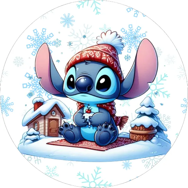 Kulatý jedlý obrázek na dort – Lilo & Stitch, Stitch v čepici a chaloupka (modrá, červená, bílá)