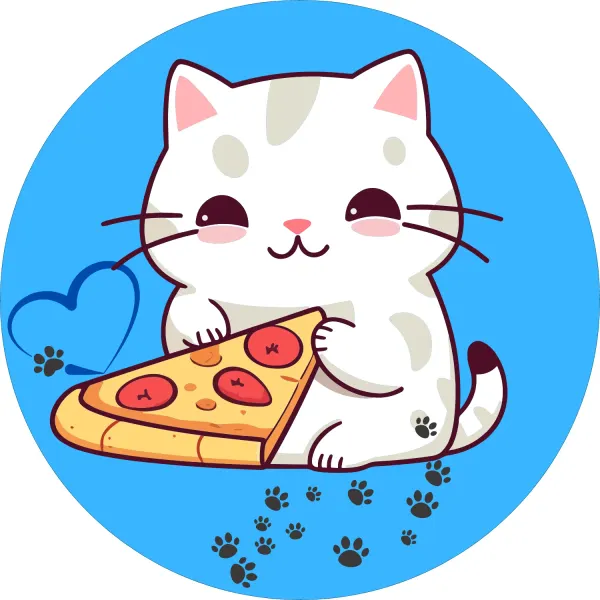 Kulatý jedlý obrázek na dort – Kočička a pizza, modré pozadí a tlapky (modrá, bílá, žlutá)