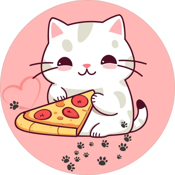 Kulatý jedlý obrázek na dort – Kočička a pizza, růžové pozadí a srdíčko (růžová, bílá, žlutá)
