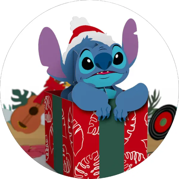 Kulatý jedlý obrázek na dort – Lilo & Stitch, Stitch v dárku s ukulele (modrá, červená, bílá)