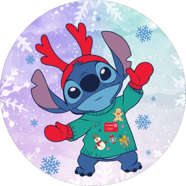 Kulatý jedlý obrázek na dort – Lilo & Stitch, Stitch v zeleném svetru (modrá, červená, fialová)