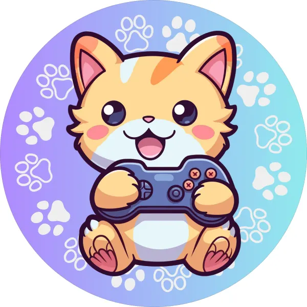Kulatý jedlý obrázek na dort – Kocourek hráč, zrzavé kotě s gamepadem (žlutá, fialová, modrá)