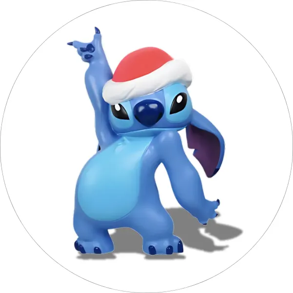 Kulatý jedlý obrázek na dort – Lilo & Stitch, tančící Stitch v čepici (modrá, červená, bílá)