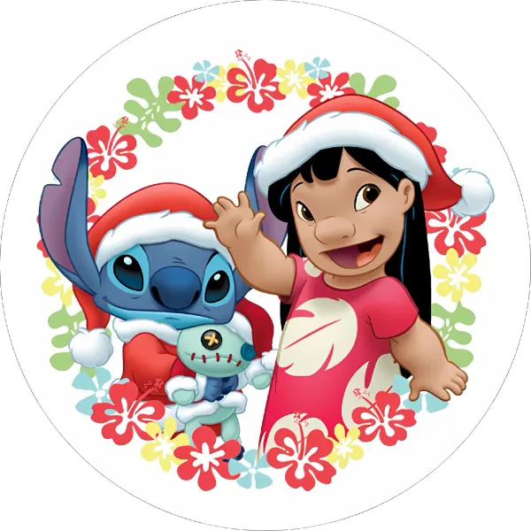 Kulatý jedlý obrázek na dort – Lilo & Stitch, v květinovém věnci se Scrump (červená, modrá, bílá)