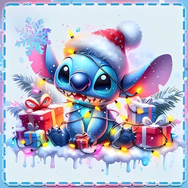 Kulatý jedlý obrázek na dort – Lilo & Stitch zima, Stitch se světýlky a dárky (modrá, červená, bílá)