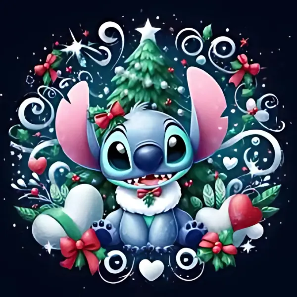 Kulatý jedlý obrázek na dort – Lilo & Stitch zima, Stitch u stromku s mašlí (modrá, zelená, červená)