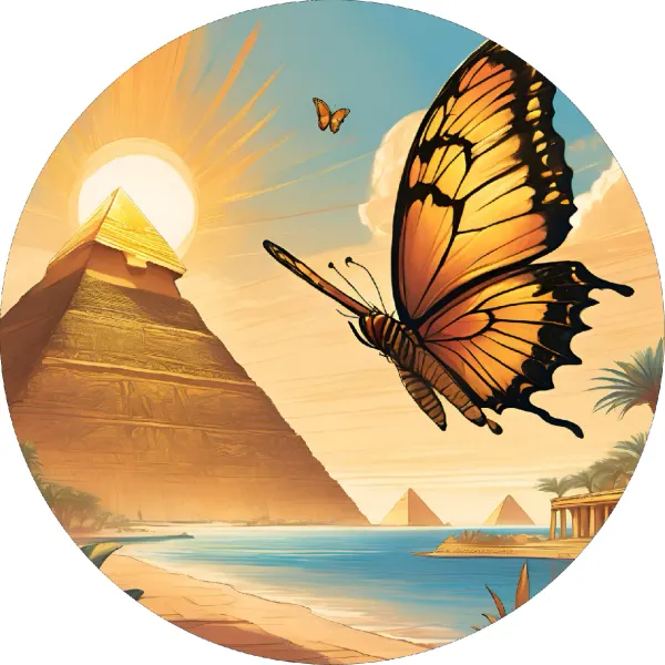 Kulatý jedlý obrázek na dort – Motýlci, Egypt, oranžový motýl a palmy (žlutá, modrá, hnědá)