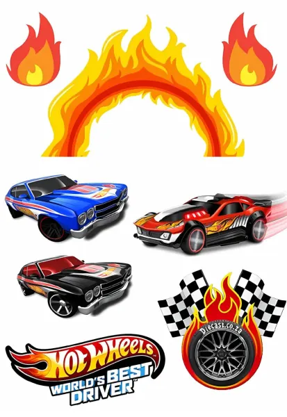 Obdélníkový jedlý papír k výřezu – Hot Wheels, 3 auta, ohnivý oblouk a vlajky (červená, modrá, černá)