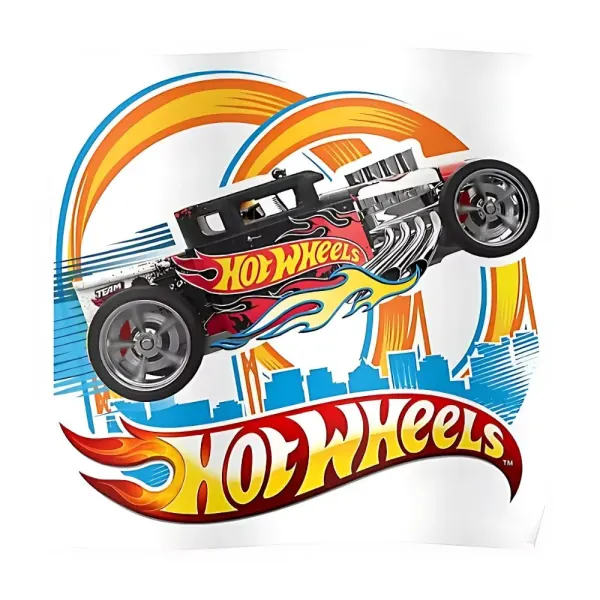 Obdélníkový jedlý obrázek na dort – Hot Wheels, skákající černý hot rod nad městem (červená, modrá, žlutá)