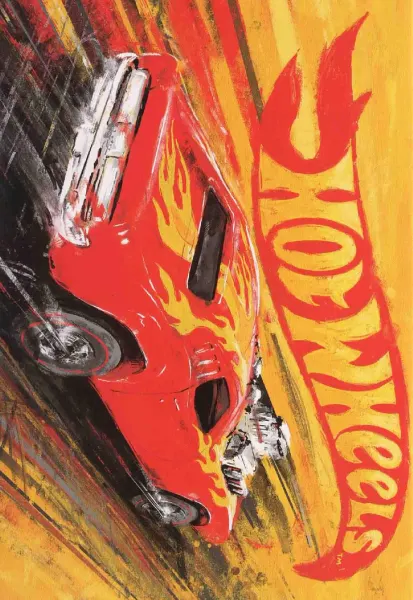 Obdélníkový jedlý obrázek na dort – Hot Wheels, červený sporťák s plameny na trati (červená, žlutá, černá)