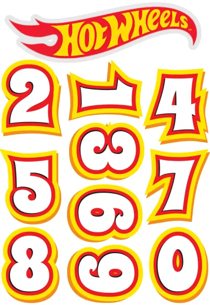 Obdélníkový jedlý papír k výřezu – Číslovky 0–9, styl Hot Wheels (žlutá, červená, bílá)