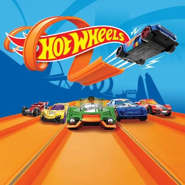 Obdélníkový jedlý obrázek na dort – Hot Wheels, zelený sporťák a závoďáci na trati (žlutá, modrá, červená)