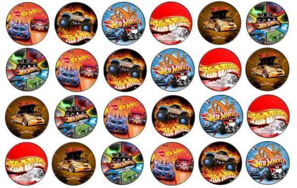 List jedlých koleček na cupcakes – Cupcakes Hot Wheels (červená, černá, modrá)