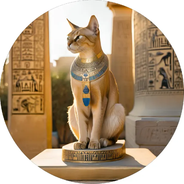 Kulatý jedlý obrázek na dort – Kočka, Egypt: Socha Bastet mezi sloupy (zlatá, hnědá, modrá)