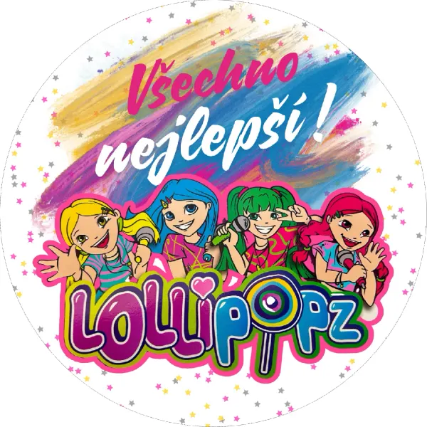 Kulatý jedlý obrázek na dort – Lollipopz Vše nejlepší, zpěvačky s mikrofony (růžová, modrá, zelená)