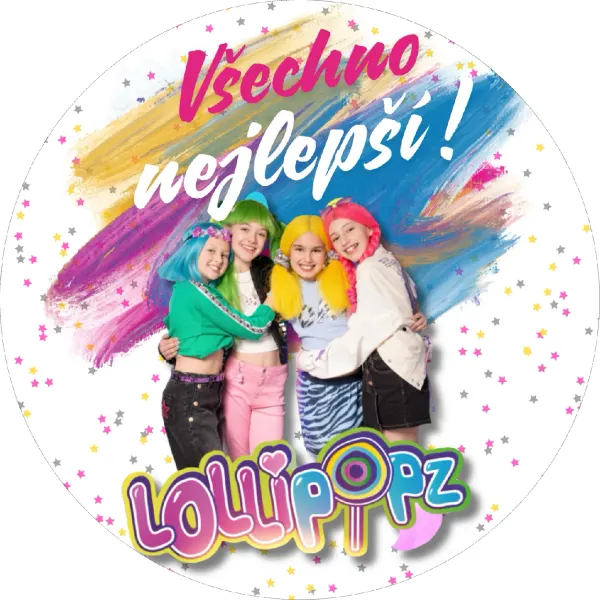 Kulatý jedlý obrázek na dort – Lollipopz Vše nejlepší, v objetí s hvězdami (růžová, modrá, žlutá)