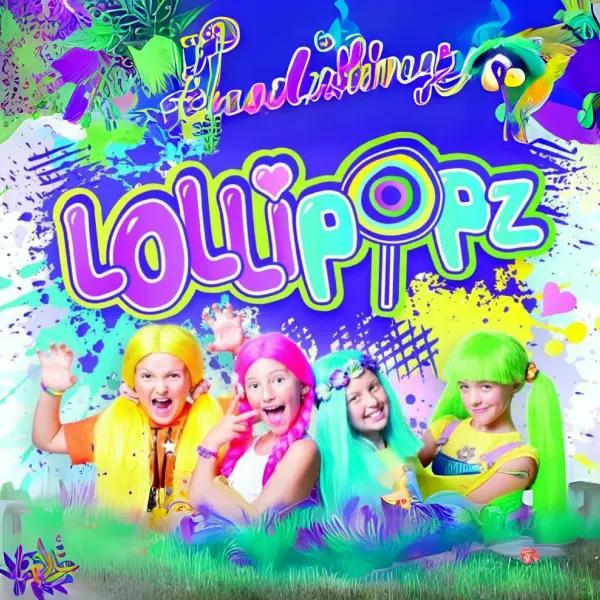Obdélníkový jedlý obrázek na dort – Lollipopz, fialovo-modrý nápis a cákance (modrá, růžová, žlutá)