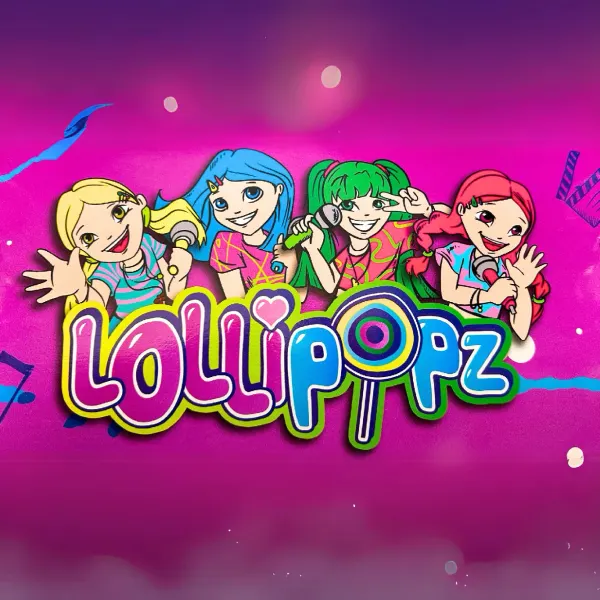 Obdélníkový jedlý obrázek na dort – Lollipopz, kreslené dívky, růžové pozadí (růžová, fialová, modrá)