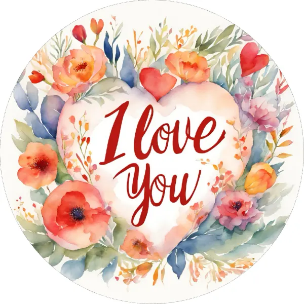 Kulatý jedlý obrázek na dort – I Love You, Květinový akvarelový věnec (červená, růžová, zelená)