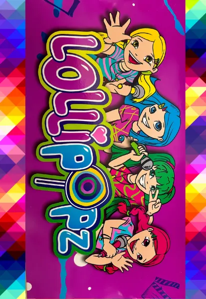 Obdélníkový jedlý obrázek na dort – Lollipopz, kreslené zpěvačky, fialové pozadí (fialová, růžová, modrá)
