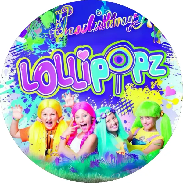 Kulatý jedlý obrázek na dort – Lollipopz, modré pozadí s cákanci (modrá, duhová, růžová)