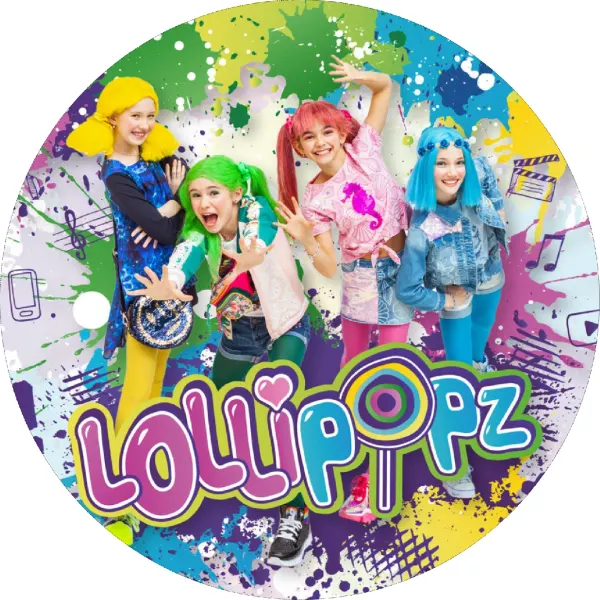 Kulatý jedlý obrázek na dort – Lollipopz, noty a hudební ikony (duhová, růžová, tyrkysová)
