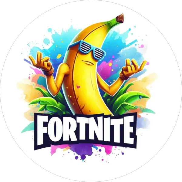 Kulatý jedlý obrázek na dort – Fortnite banán (žlutá, modrá, fialová)