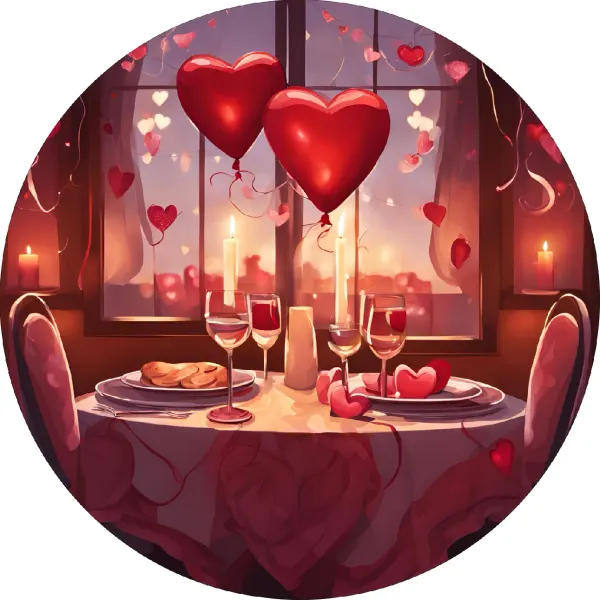 Kulatý jedlý obrázek na dort – Valentýn, romantický večer (červená, růžová, hnědá)
