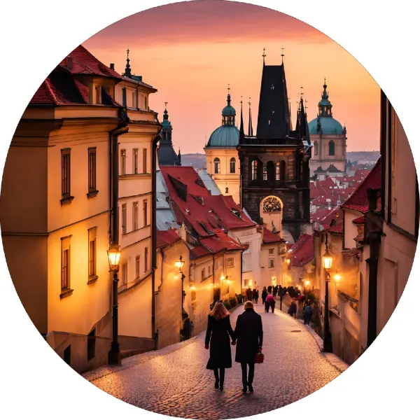 Kulatý jedlý obrázek na dort – Praha, staré město, Valentýn (žlutá, červená, černá)